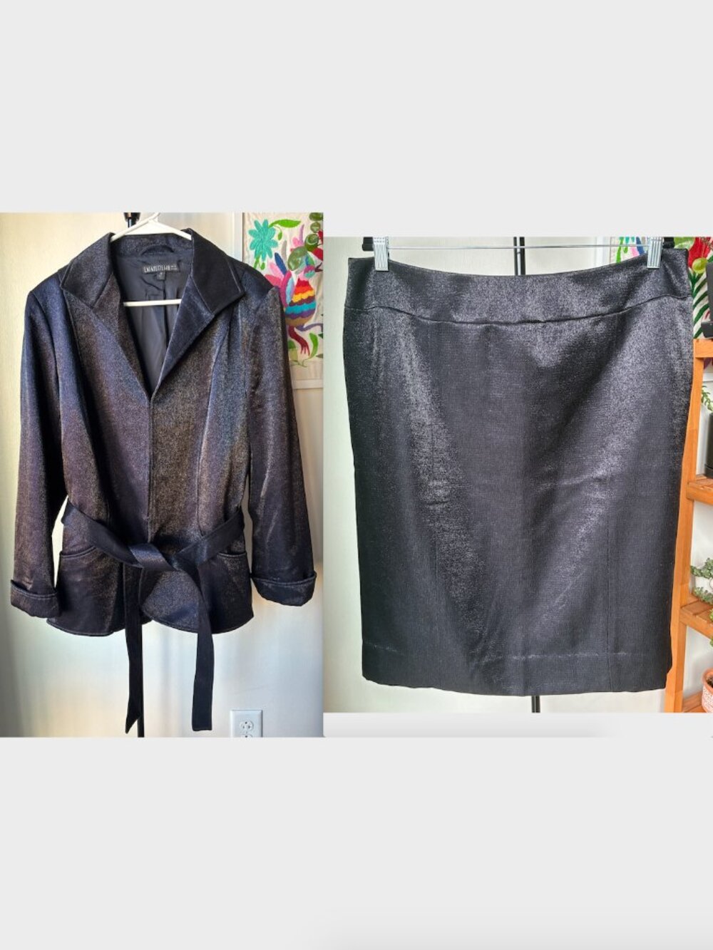 Lafayette 148 New York Shimmer Black Belted Wool Blazer & Skirt Set - Size 16